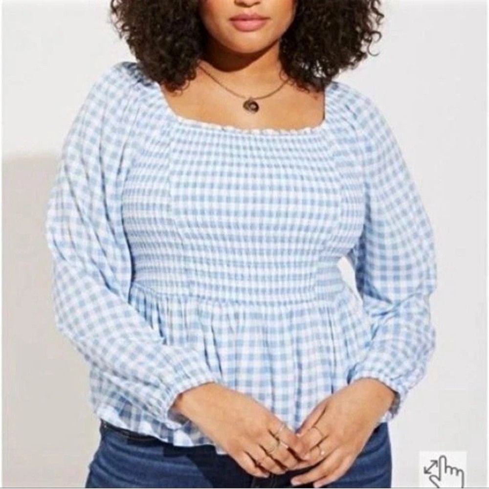 Torrid Blue White Gingham Smocked Peplum Puff Sleeve Square Neck Blouse Large
